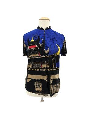 Vintage Jamie Sadock Womens XL Top Pagoda Print Crinkle Textured Satin Golf
